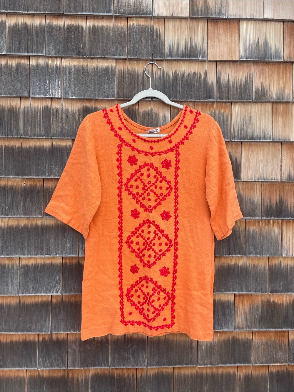 Embroidered Orange Peasant Top with Red Detail